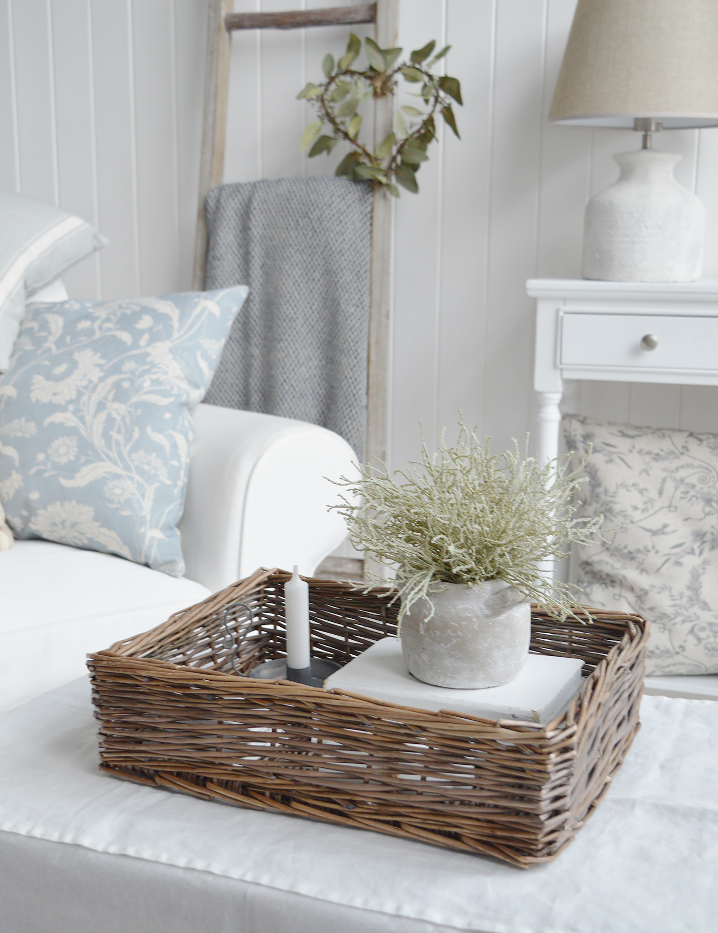 Harrow basket tray for coffee table styling in New England style modern farmhouse, country and coastal interiors