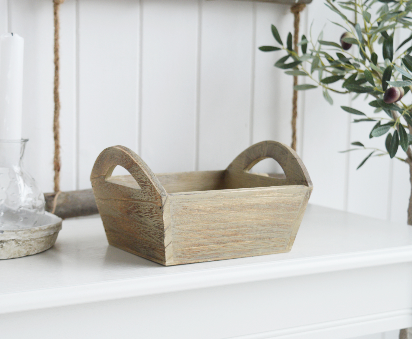 White Furniture and accessories for the home. Jackson Weathered Effect Tray with handles - Coffee Table, Shelf and Console styling for New England, Country Farmhouse and coastal home interior decor