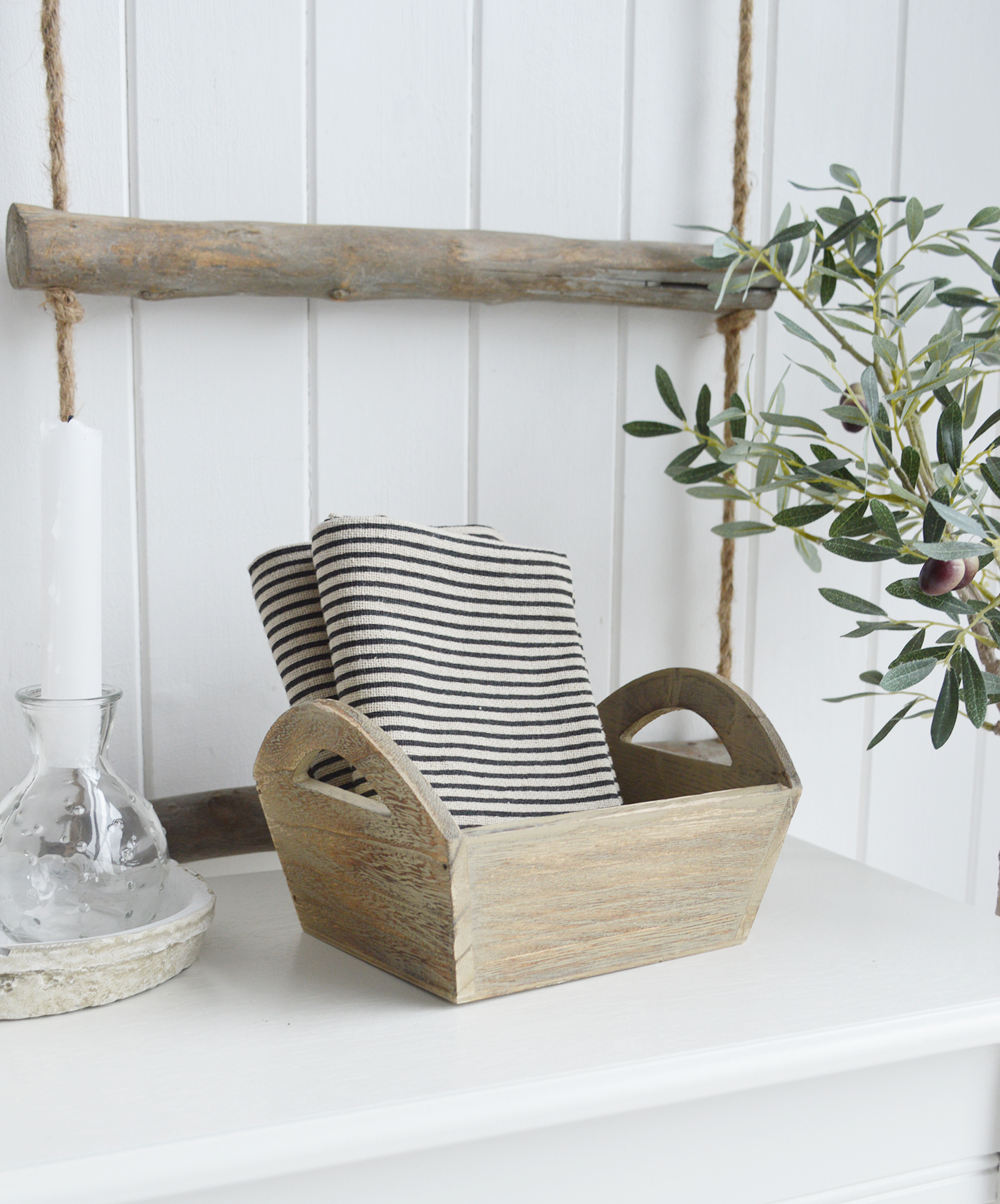 White Furniture and accessories for the home. Jackson Weathered Effect Tray with handles - Coffee Table, Shelf and Console styling for New England, Country Farmhouse and coastal home interior decor