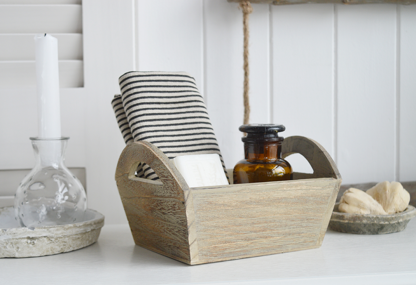 White Furniture and accessories for the home. Jackson Weathered Effect Tray with handles - Coffee Table, Shelf and Console styling for New England, Country Farmhouse and coastal home interior decor