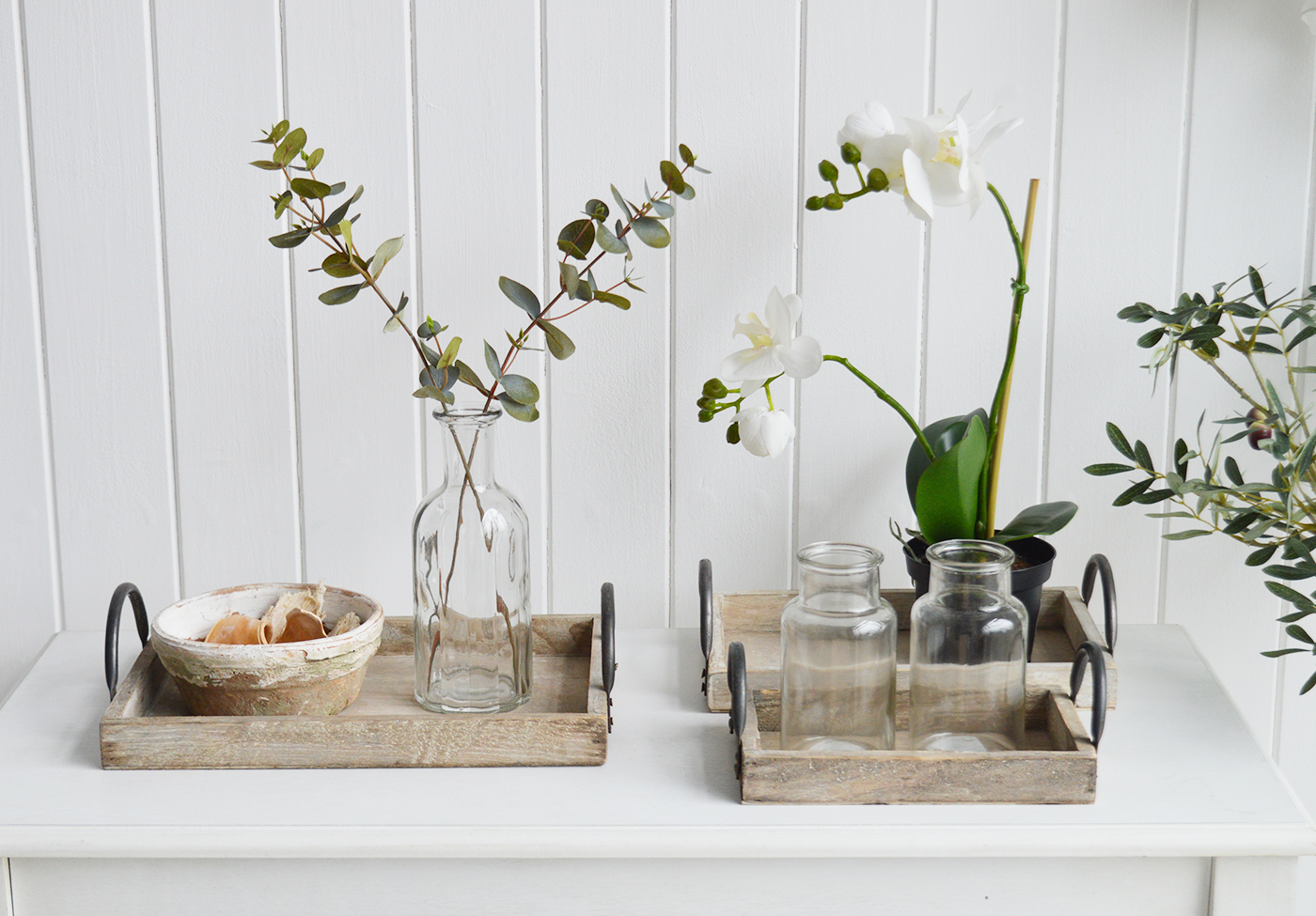 Pawtucket New England country, coastal and farmhouse home furniture and interiors. A set of 3 wooden display trays