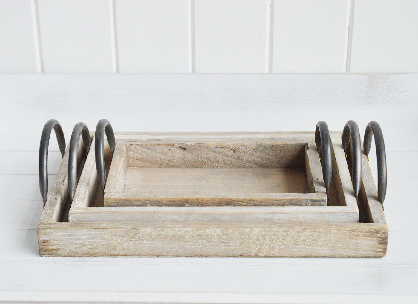 Pawtucket New England country, coastal and farmhouse home furniture and interiors. A set of 3 wooden display trays