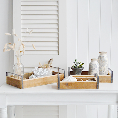 The White Lighthouse. White Furniture and accessories for the home. Set of 3 Pawtucket Wooden Trays for display in New England, Country and coastal home interior decor