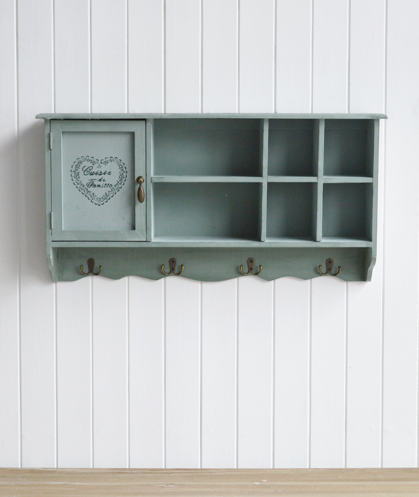 Wall-mounted cupboard in Farmhouse Sage designed for farmhouse furniture and interiors with open storage and a single stenciled door.