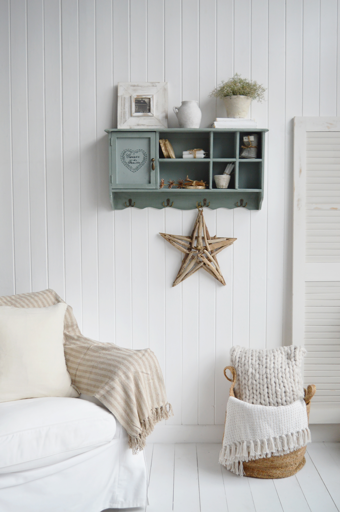 Country-style Unity Cabinet in Farmhouse Sage showcasing the beauty of farmhouse furniture and interiors with hooks and practical storage.