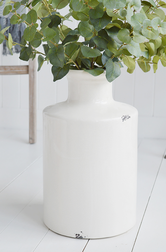 Extra large white ceramic vase with artificial eucalyptus