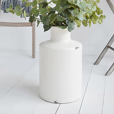 Extra large white ceramic vase with artificial eucalyptus from The White Lighthouse New England coastal and country furniture for the hallway, living room and bedroom.