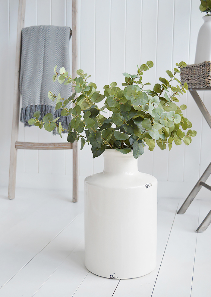 Extra large white ceramic vase with artificial eucalyptus