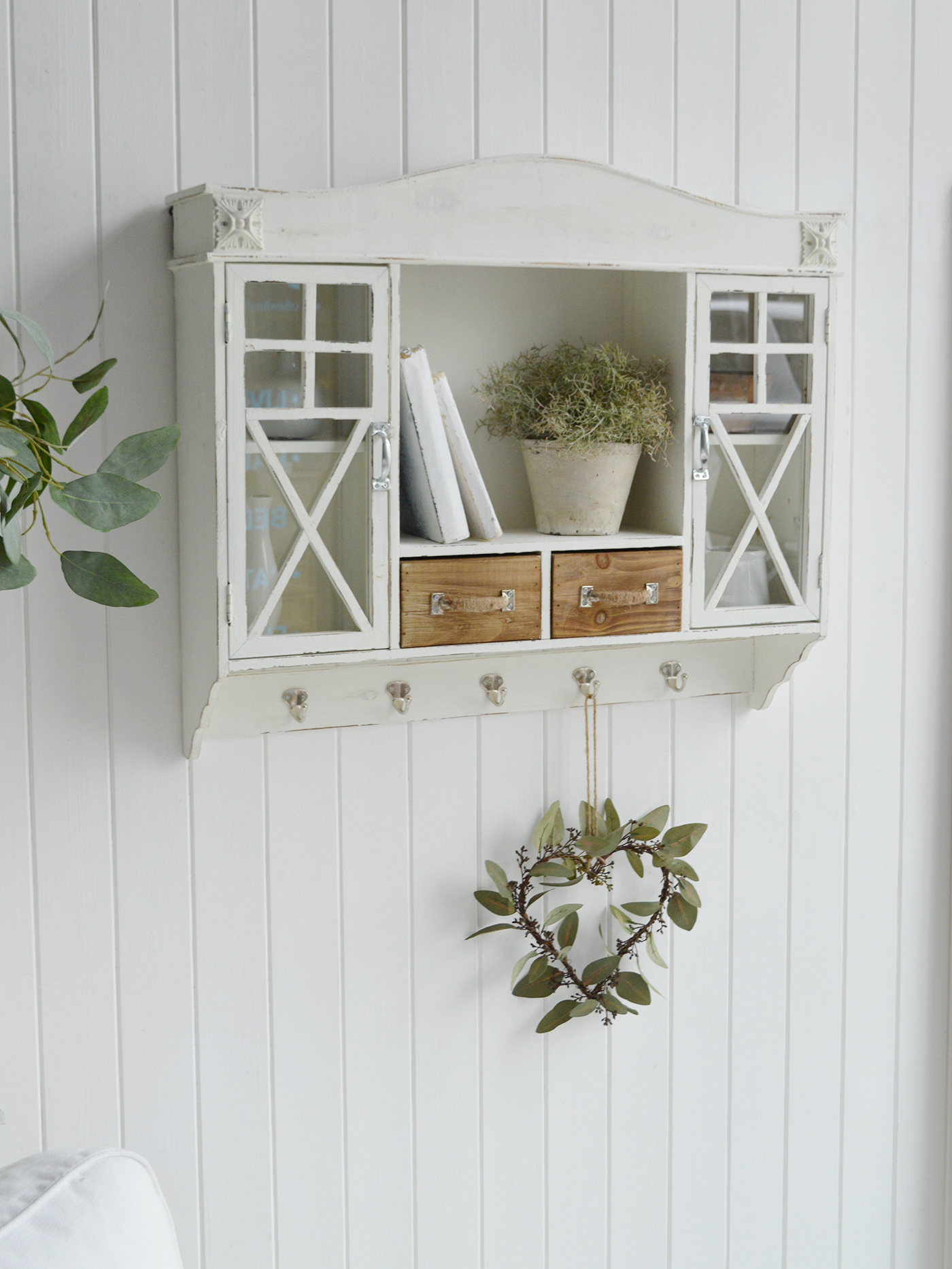 	New England style wall cabinet for beach house kitchen storage