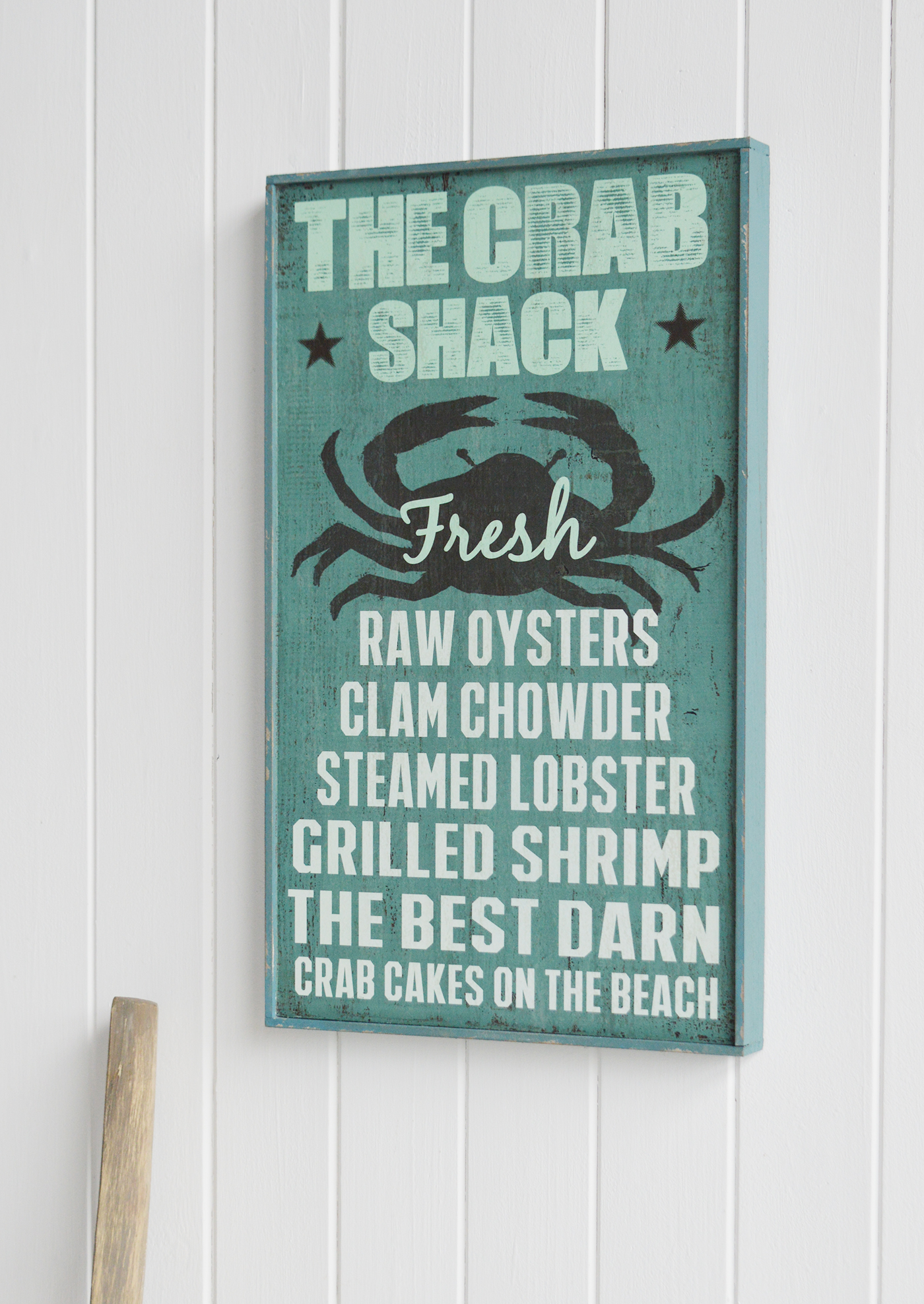 Nautical New England Coastal  Furniture and accessories for the home. A quirky, colourful Crab Shack New England sign typical for restaurants in the coastal areas the White Lighthouse Furniture and Home interiors