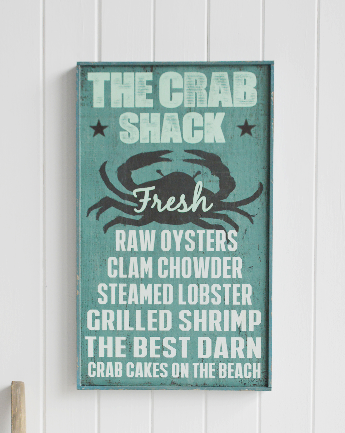 Nautical New England Coastal  Furniture and accessories for the home. A quirky, colourful Crab Shack New England sign typical for restaurants in the coastal areas the White Lighthouse Furniture and Home interiors