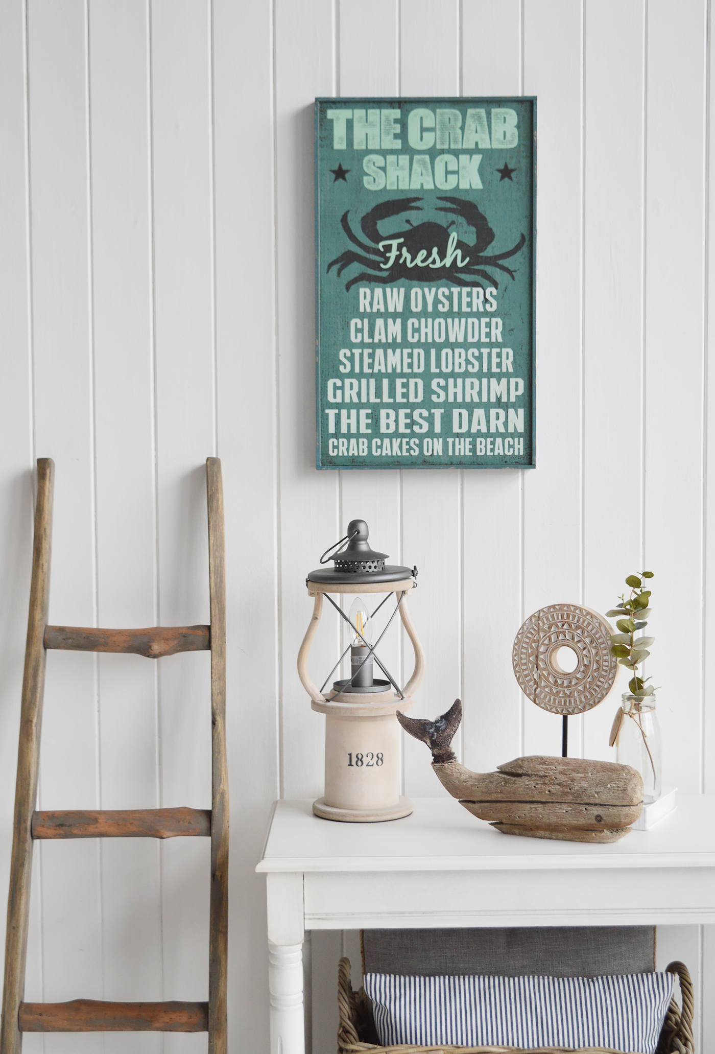 Nautical New England Coastal  Furniture and accessories for the home. A quirky, colourful Crab Shack New England sign typical for restaurants in the coastal areas the White Lighthouse Furniture and Home interiors