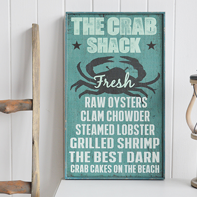 Nautical New England Coastal  Furniture and accessories for the home. A quirky, colourful New England sign typical for restaurants in the coastal areas the White Lighthouse Furniture and Home interiors