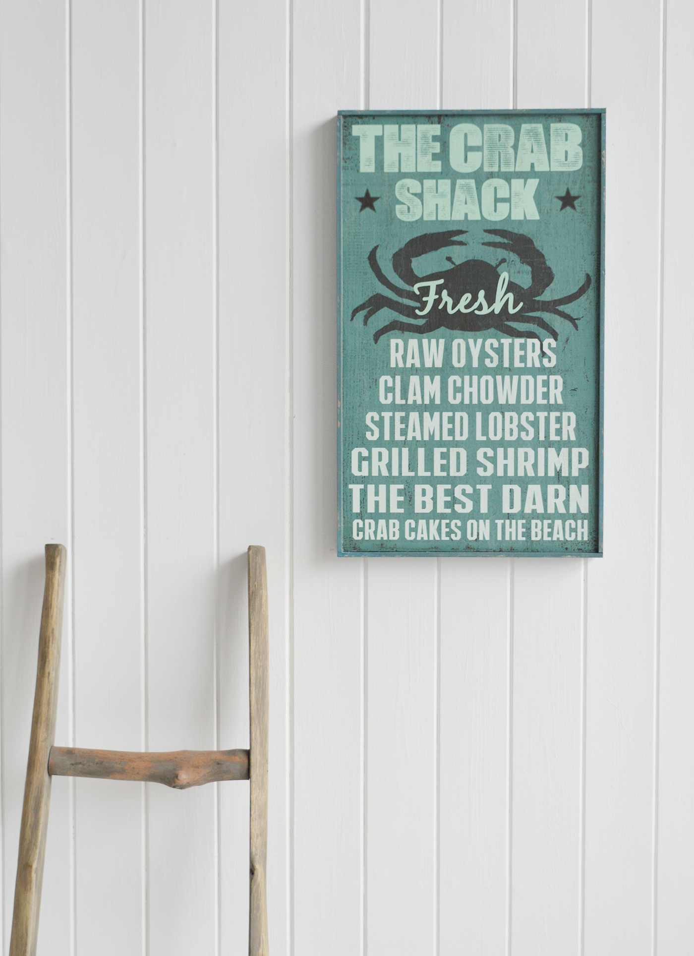 Nautical New England Coastal  Furniture and accessories for the home. A quirky, colourful Crab Shack New England sign typical for restaurants in the coastal areas the White Lighthouse Furniture and Home interiors