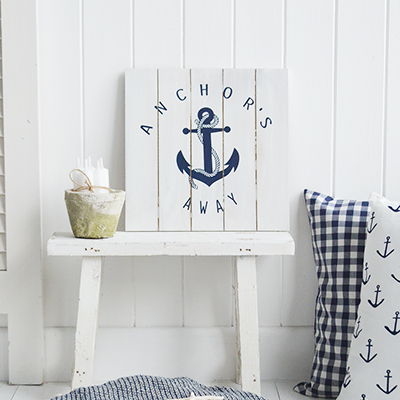 New England Coastal Wall Art  - Anchors Away Plaque. White with blue accessories for a traditional New England Beach Look