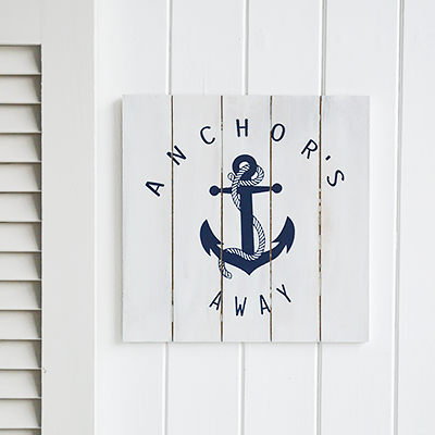 New England Coastal Wall Art  - Anchors Away Plaque. White with blue accessories for a traditional New England Beach Look