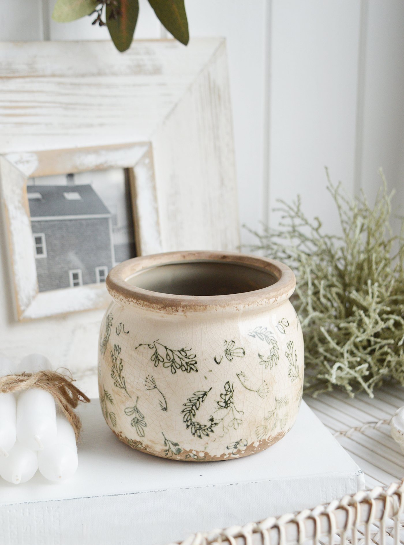 Westbrook vintage style ceramic pot to suit New England interiors complementing modern farmhouse, country and coastal furniture