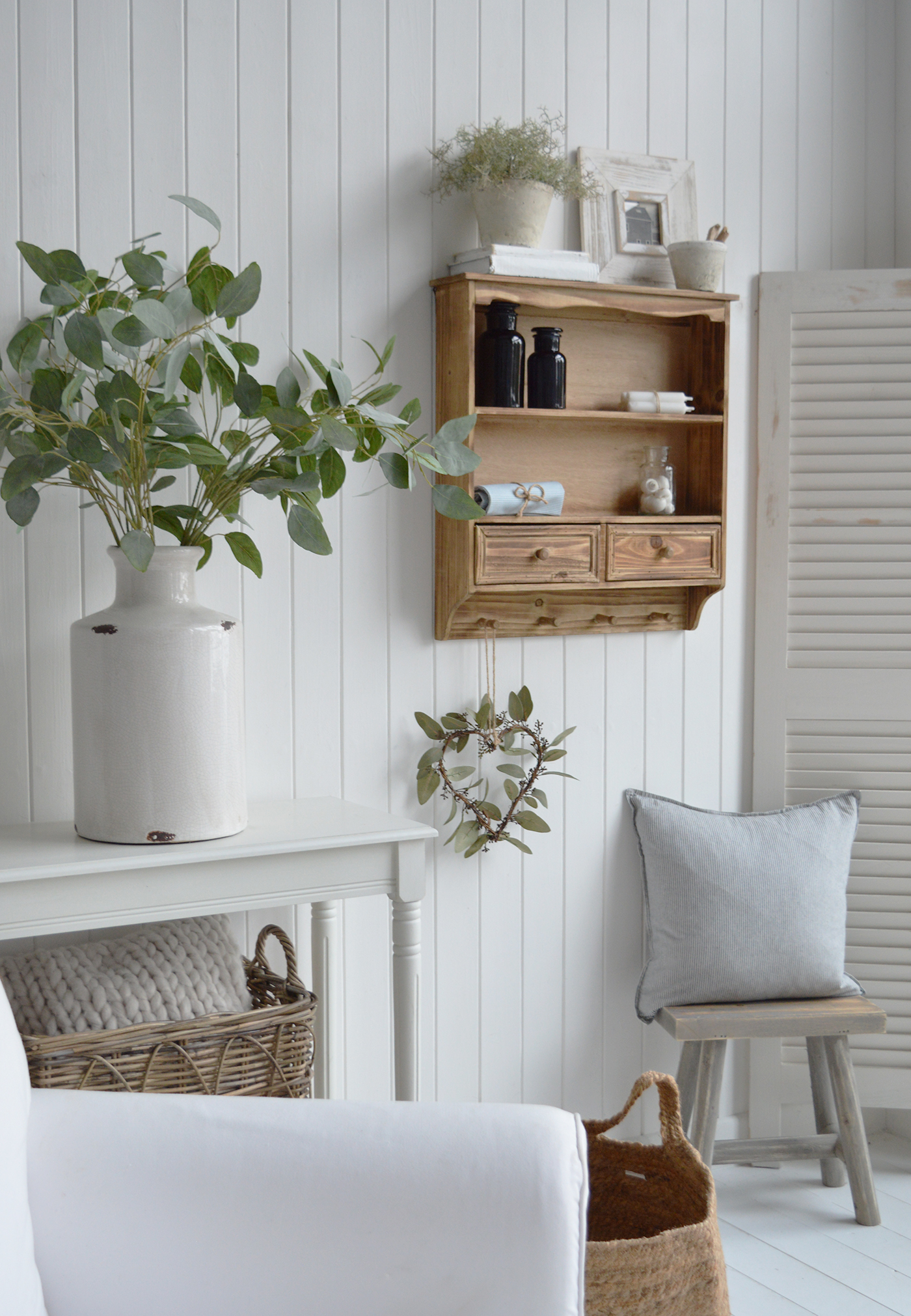 Rustic Woodstock Wall Shelf with drawers and pegs, perfect for farmhouse interiors and country-style kitchens.