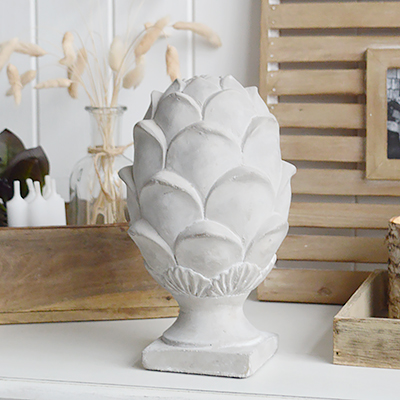 Decorative large grey stone artichoke from The White Lighthouse New England country and coastal furniture and accessories for homes and interiors in UK