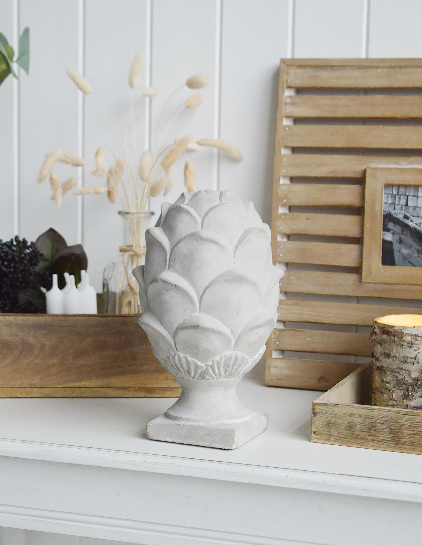 Decorative large grey stone artichoke from The White Lighthouse New England country and coastal furniture and accessories for homes and interiors in UK
