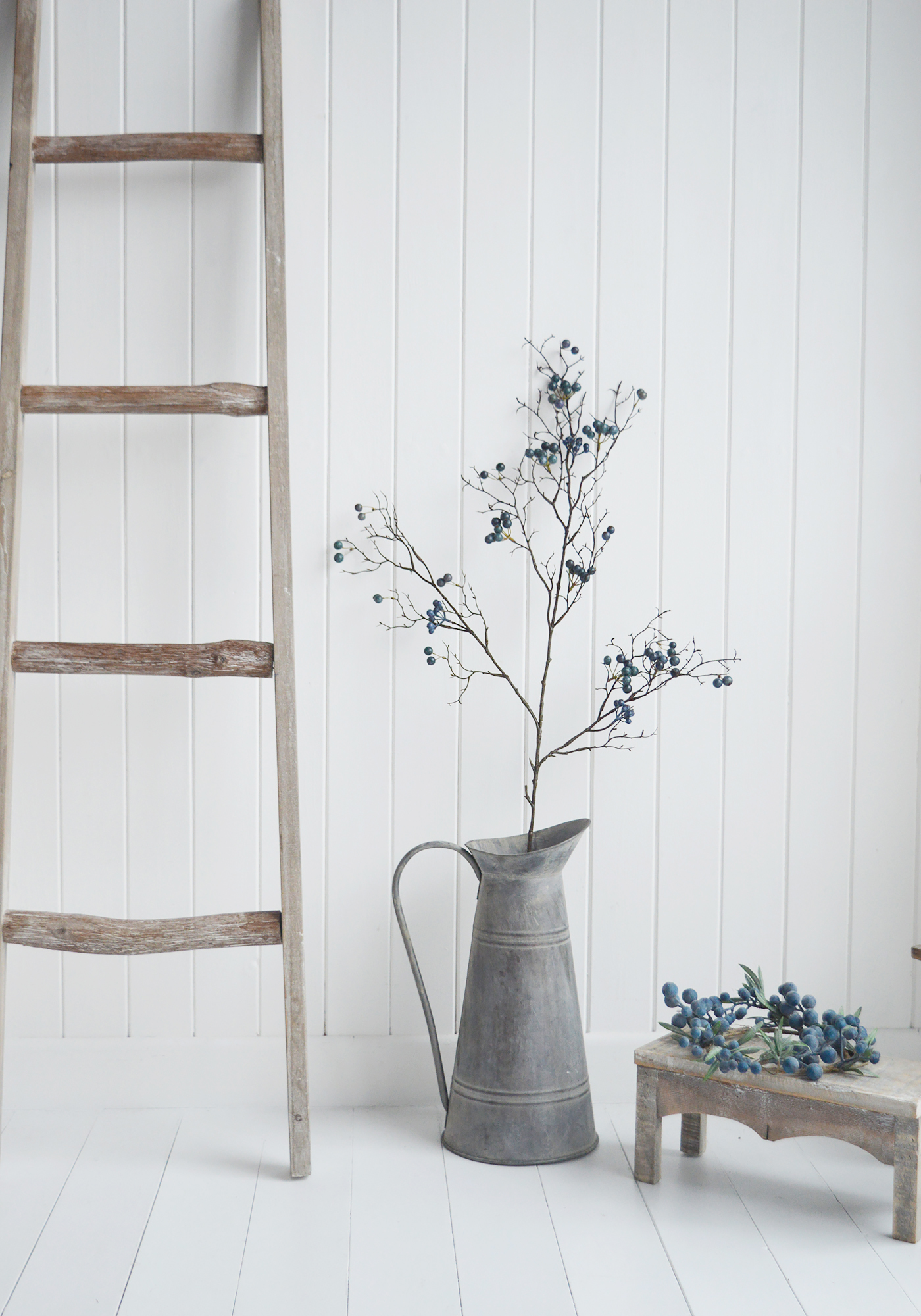 White Furniture and New England accessories for the home. Artificial Blue Berry Branch