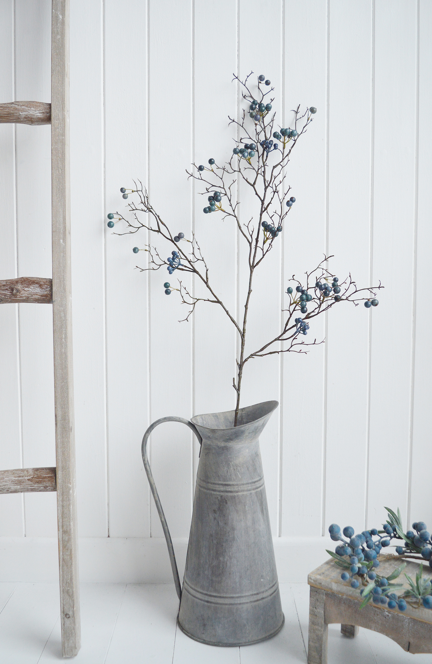 White Furniture and New England accessories for the home. Artificial Blue Berry Branch