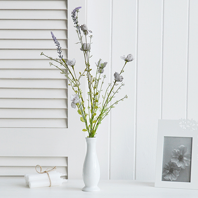 White Furniture and accessories for the home. Artificial Blue Rose and Lavender Spray New England coastal and country interiors