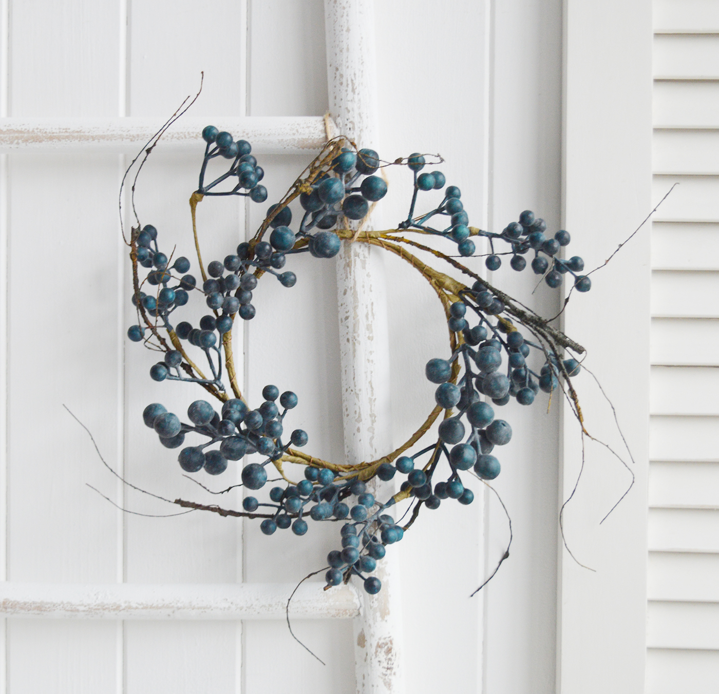 The White Lighthouse. White Furniture and accessories for the home. Artificial Blueberry Wreath. Farmhouse, country and  coastal home accessories for New England style homes