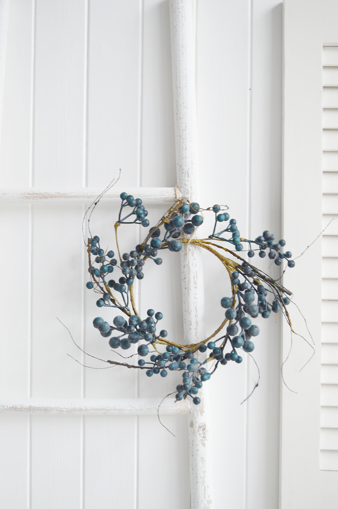 The White Lighthouse. White Furniture and accessories for the home. Artificial Blueberry Wreath. Farmhouse, country and  coastal home accessories for New England style homes
