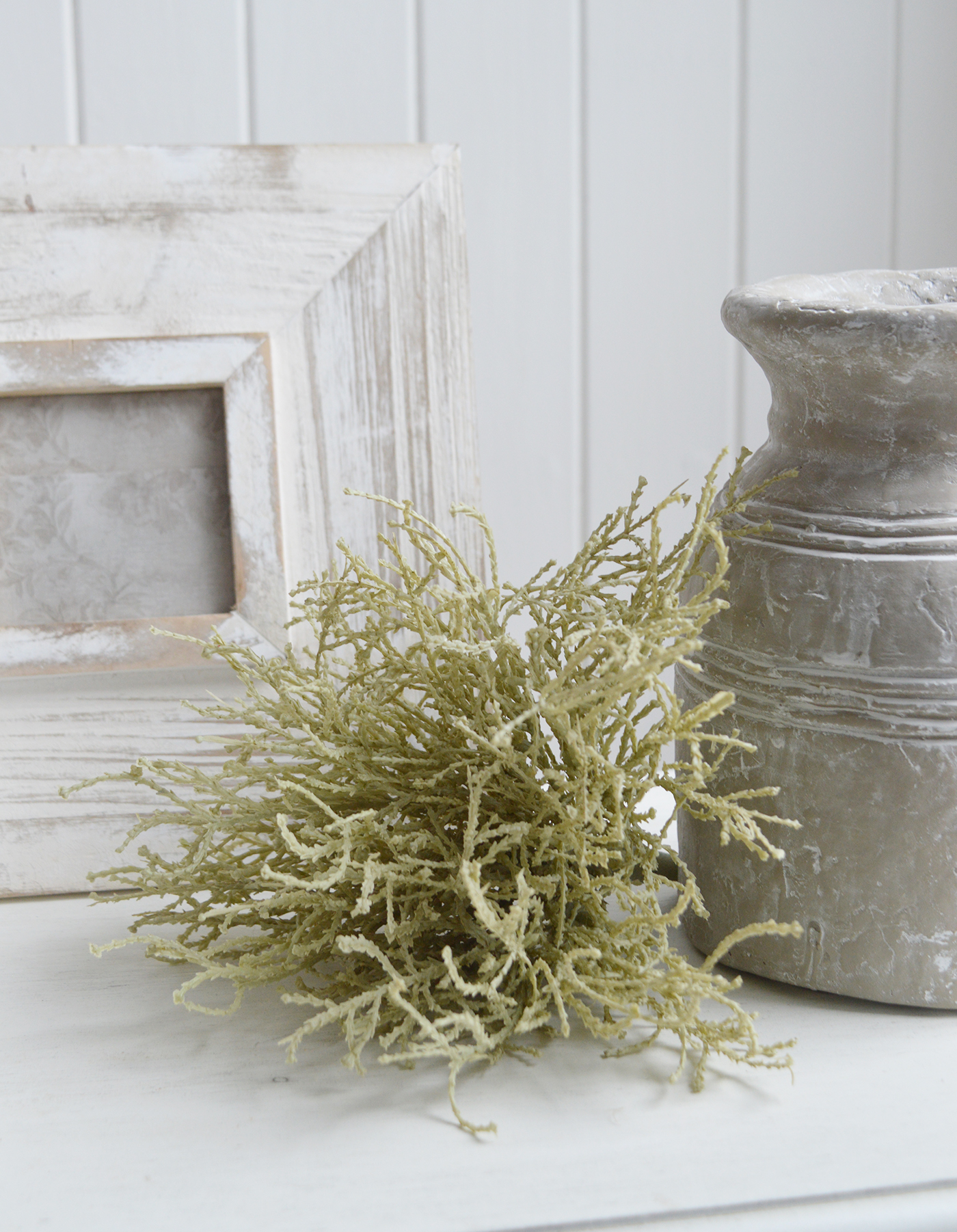 White Furniture and accessories for the home. Faux greenery Cotton Lavender for styling New England style  interiors. Farmhouse, country, coastal and city homes