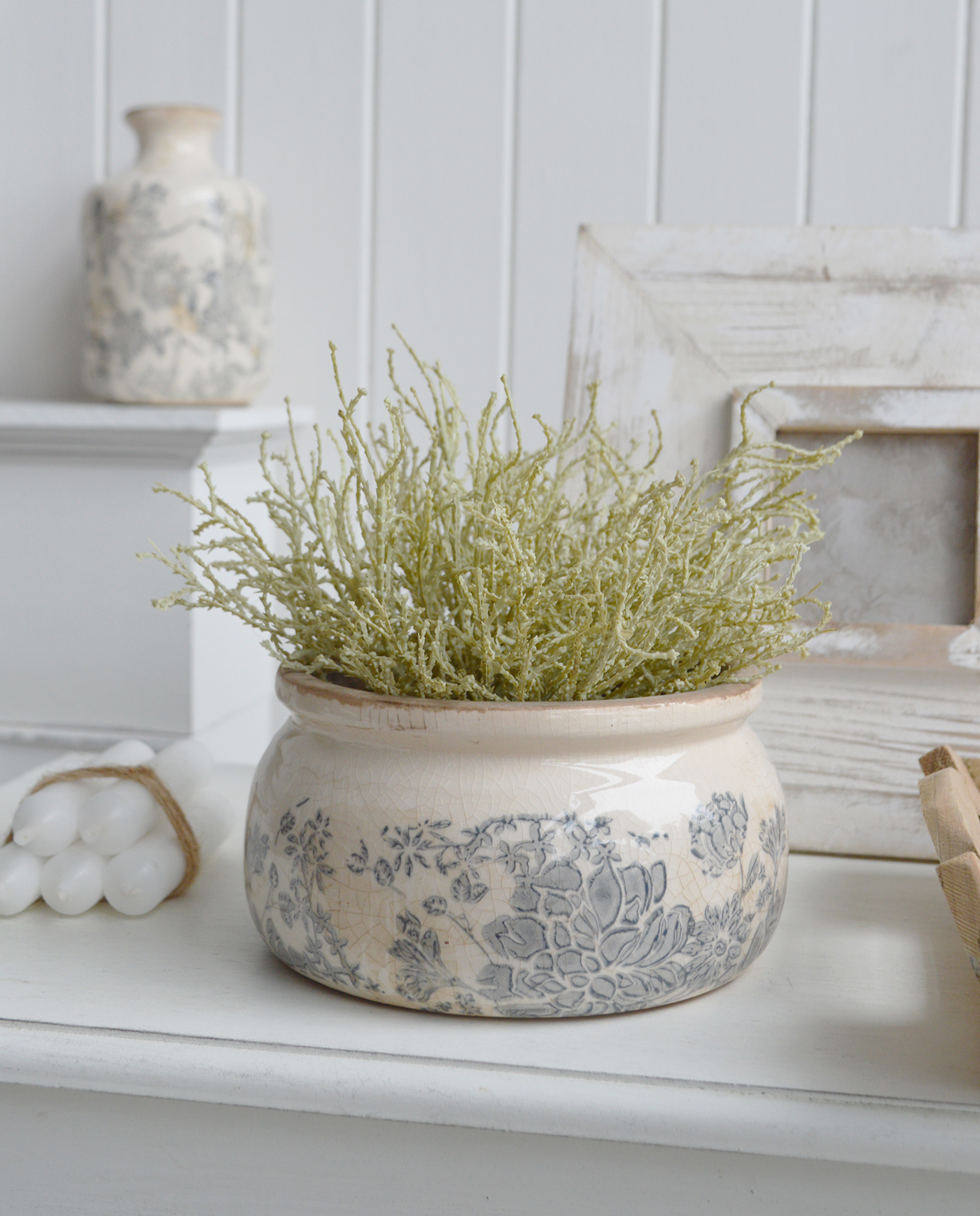 Faux cotton lavender in the Lakeport Bowl, perfect coffee table styling pieces