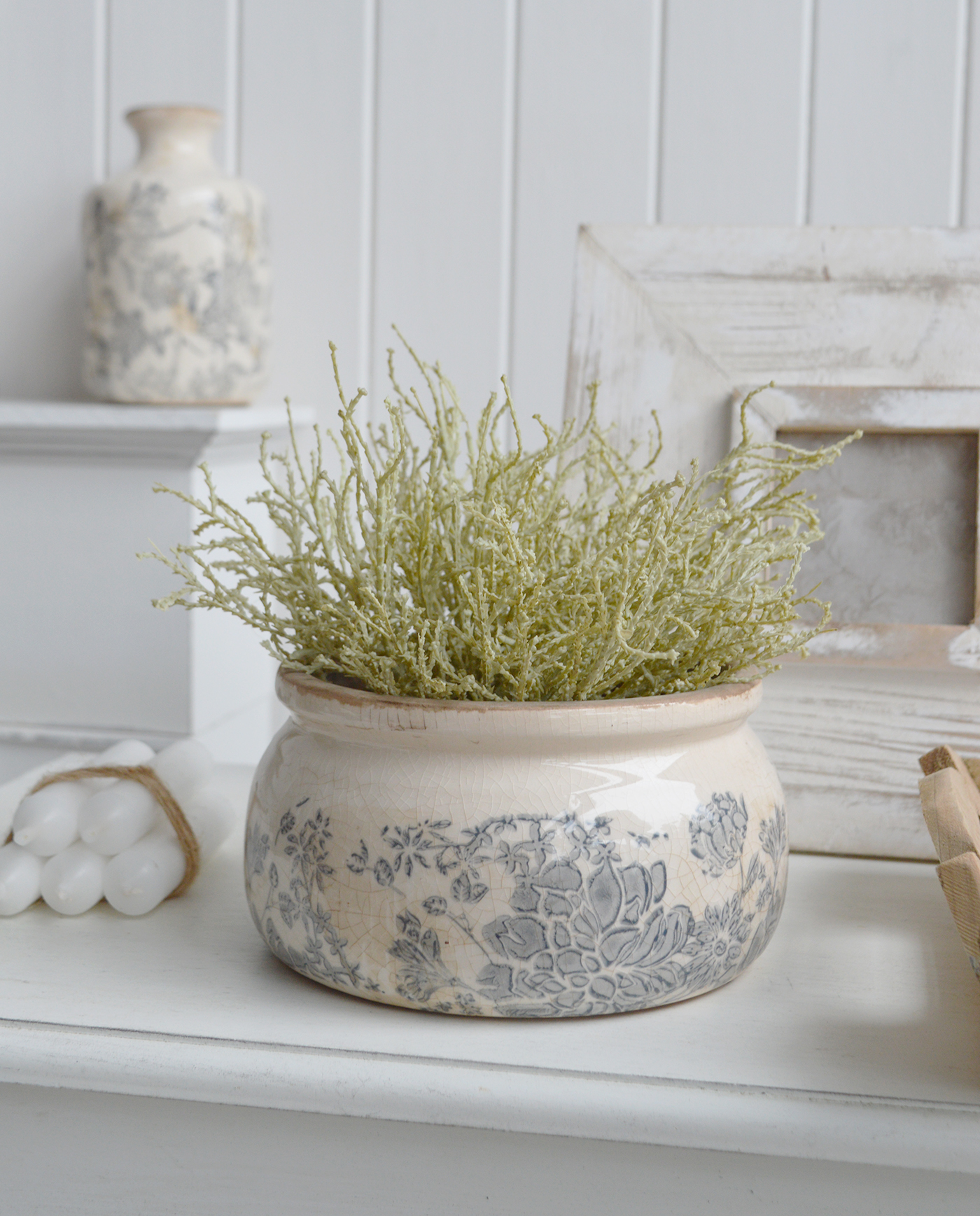 White Furniture and accessories for the home. Faux greenery Cotton Lavender for styling New England style  interiors. Farmhouse, country, coastal and city homes