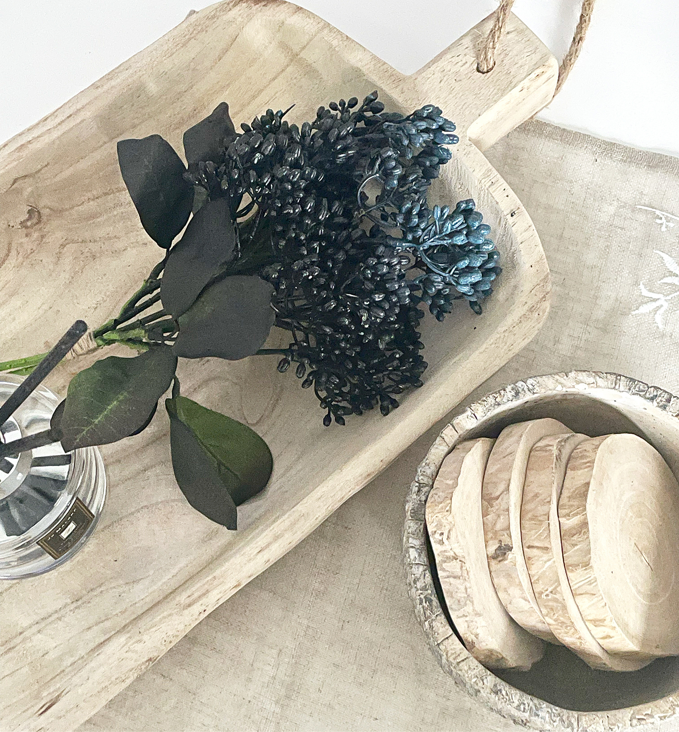 Artificial bunch of berries with Chadwick wooden tray and driftwood coasters for New England style interiors for coastal and country furniture