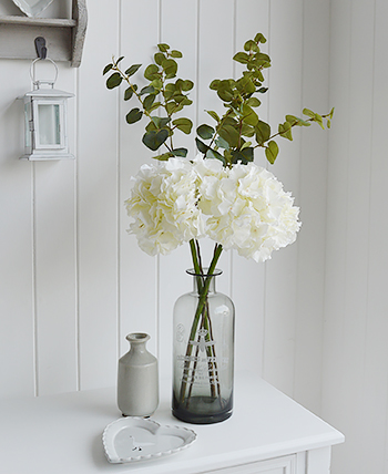 Artificial White Hydrange with Eucalyptus in black glass vase