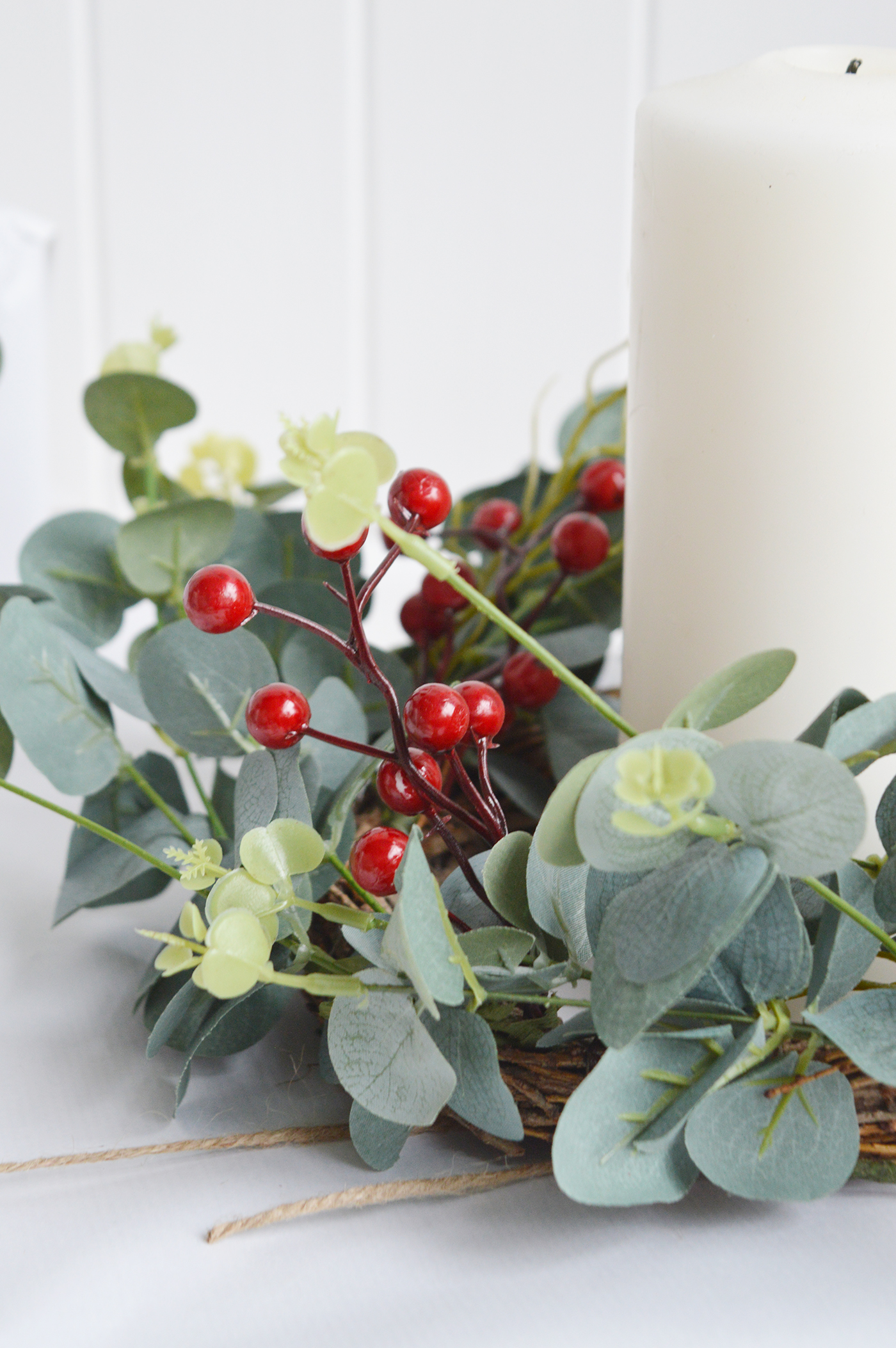 Faux red berries Eucalyptus wreath  close up