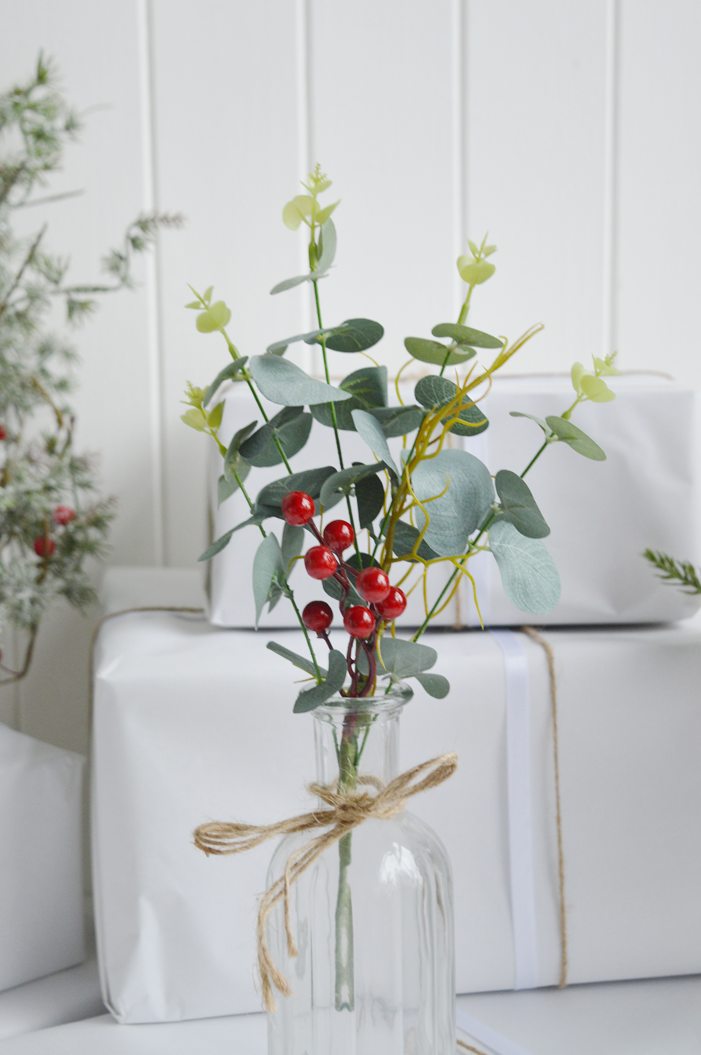 Artificial greenery Sprig and wreath with Red Berries to decorate New England style in country, coastal and mondern farmhouse styled homes and interiors 