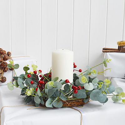 Artificial greenery Sprig and wreath with Red Berries to decorate New England style in country, coastal and mondern farmhouse styled homes and interiors 