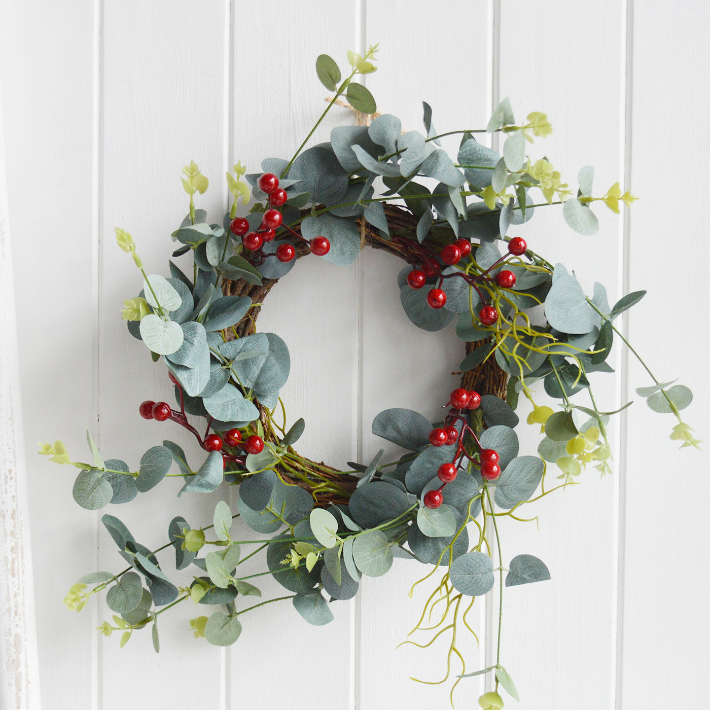 Artificial greenery Sprig and wreath with Red Berries to decorate New England style in country, coastal and mondern farmhouse styled homes and interiors 