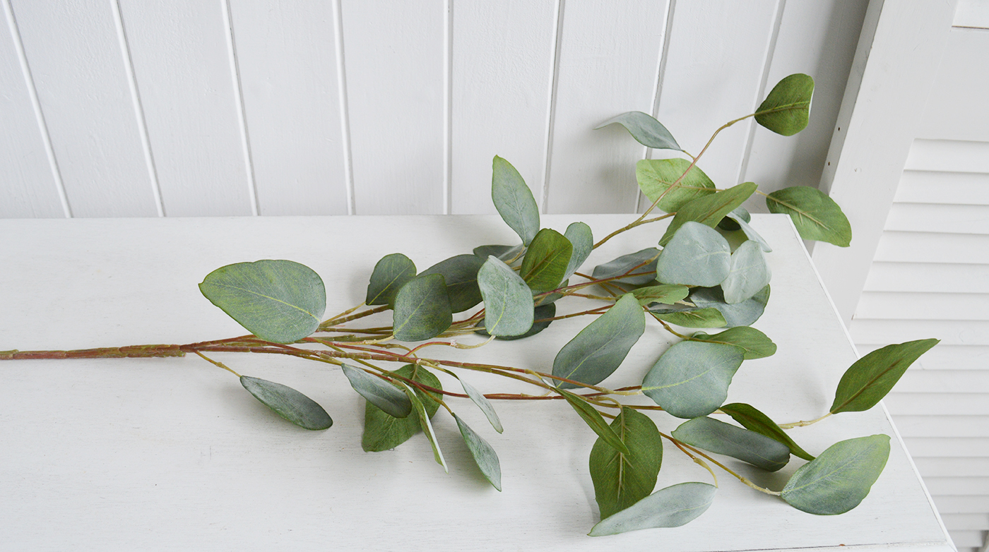 Artificial greenery. Faux silver Dollar Eucalyptus stem spray for styling New England style  interiors. Farmhouse, country, coastal