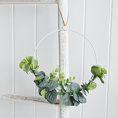 Artificial Eucalyptus wreath to decorate New England style in country, coastal and mondern farmhouse styled homes and interiors 