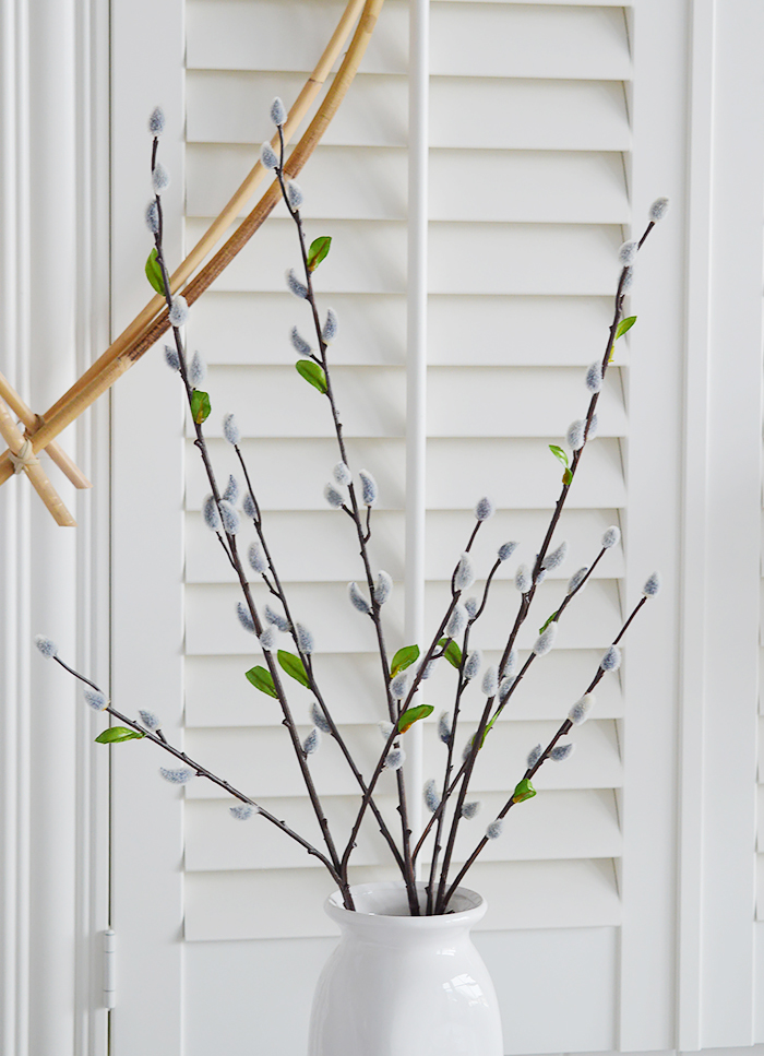 Artificial Grey Pussy Willow Branch threy branches in a white vase