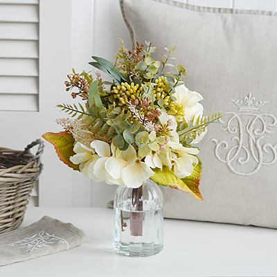 White Furniture and accessories for the home. Artificial Ivory Hydrangea Bouquet  New England coastal and country interiors