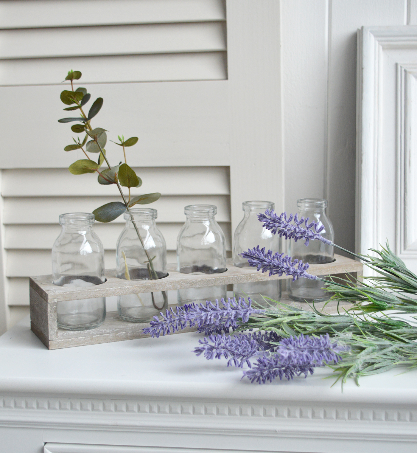 Newbury Small Glass Bud Vase in wooden Tray with our artificial lavender bunch from The White Lighthouse coastal, New England and country furniture and home decor accessories UK