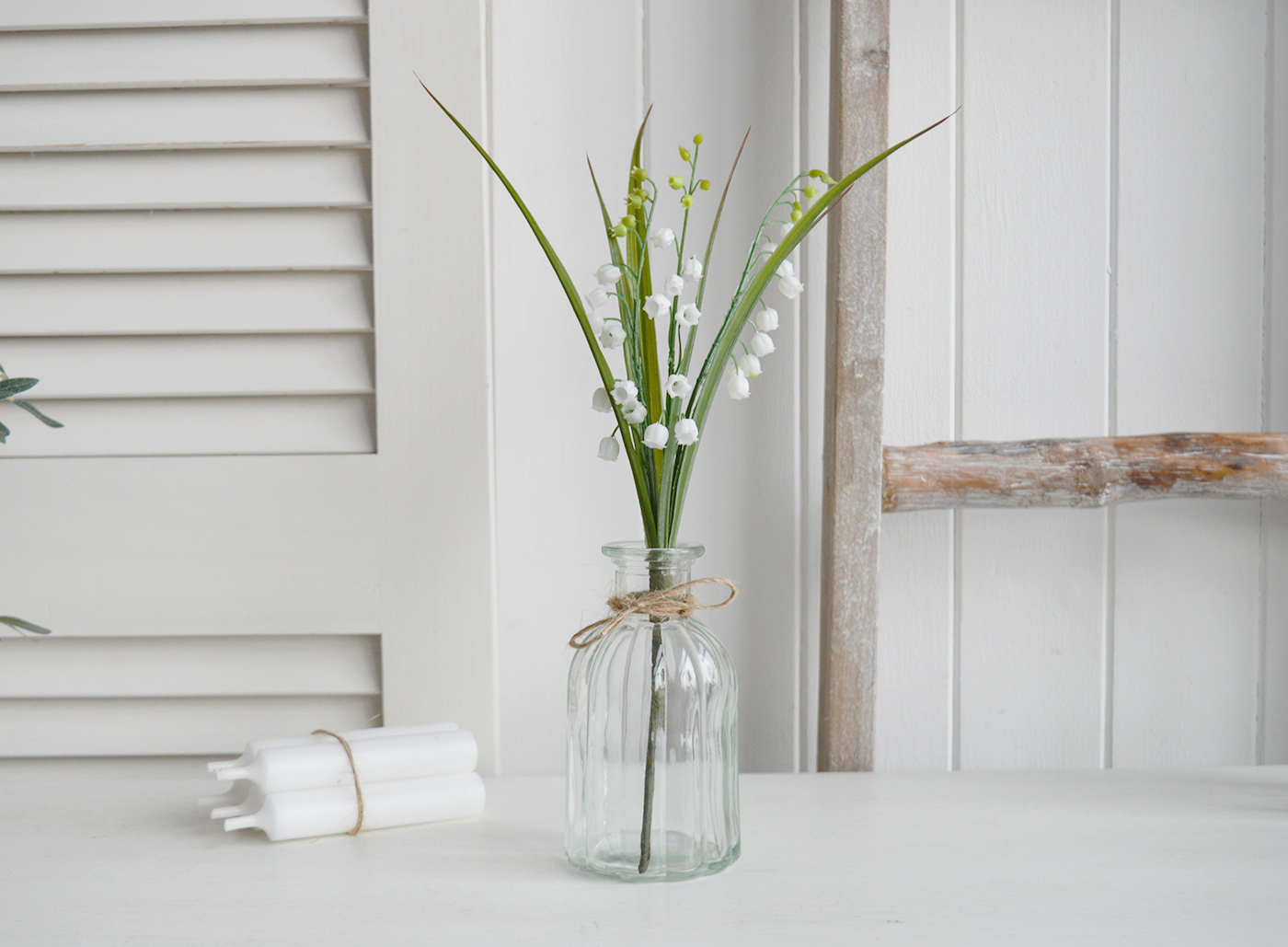 White Furniture and accessories for the home. Artificial Lily of the Valley  New England coastal and country interiors
