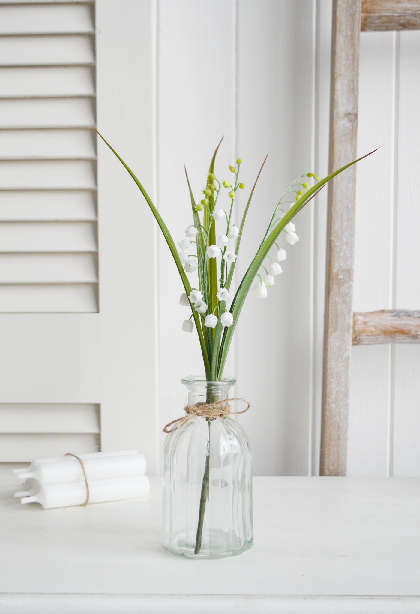 White Furniture and accessories for the home. Artificial Lily of the Valley  New England coastal and country interiors