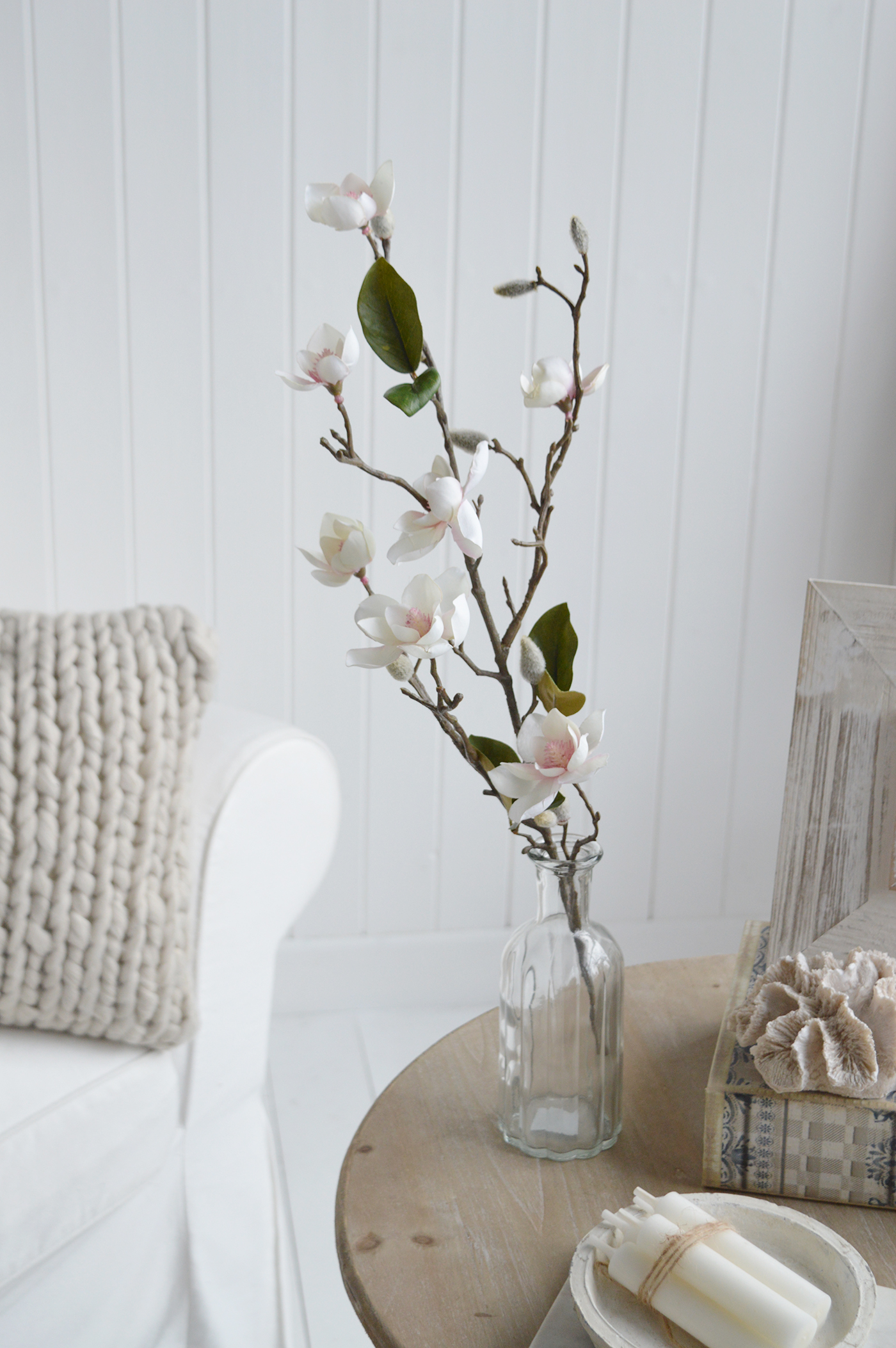 Artificial Magnolia Stems. Two branches in the newbury Glass Vase