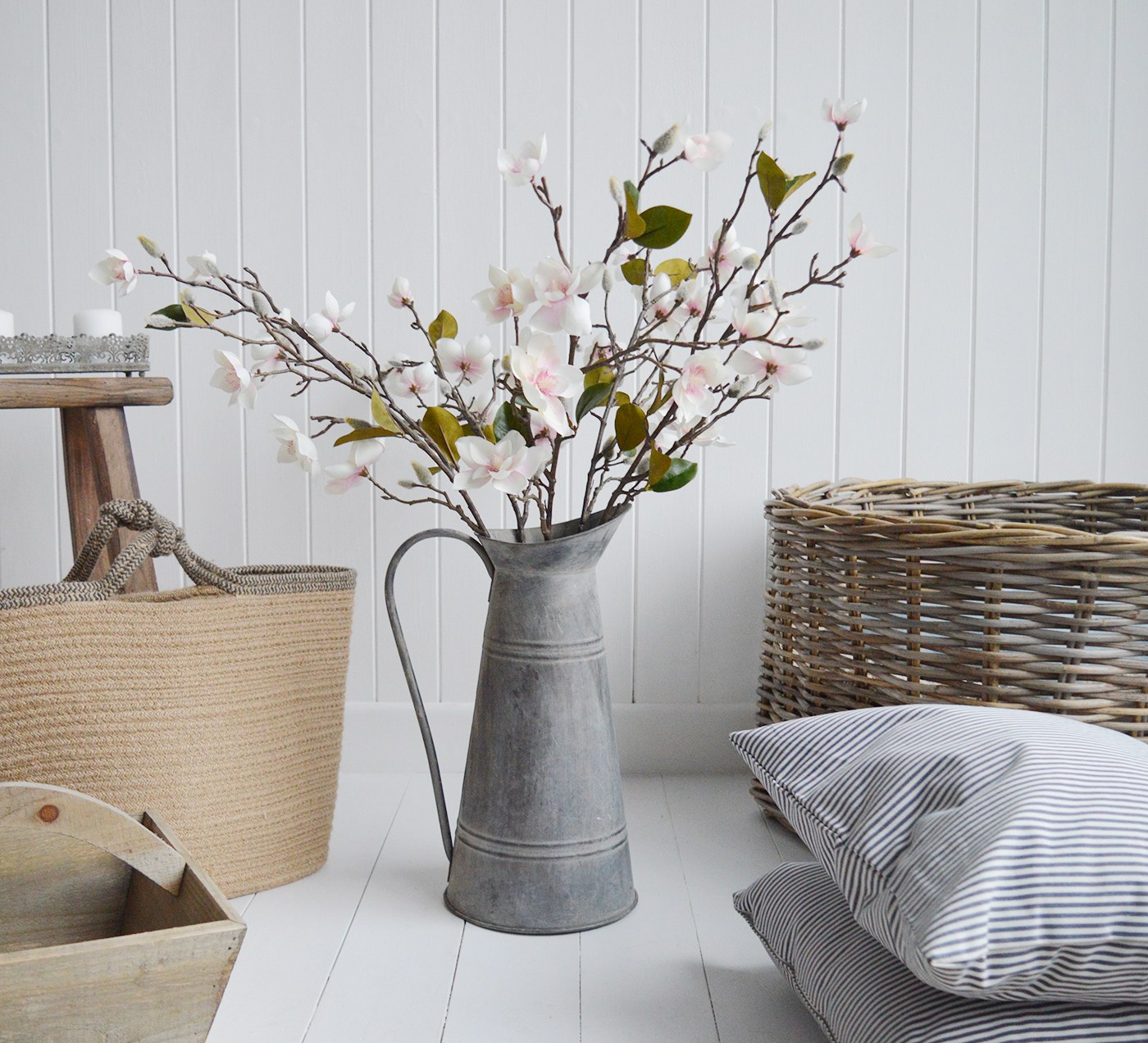 The White Lighthouse. White Furniture and accessories for the home. Artificial Magnolia Branch with Leaves, Flowers and buds