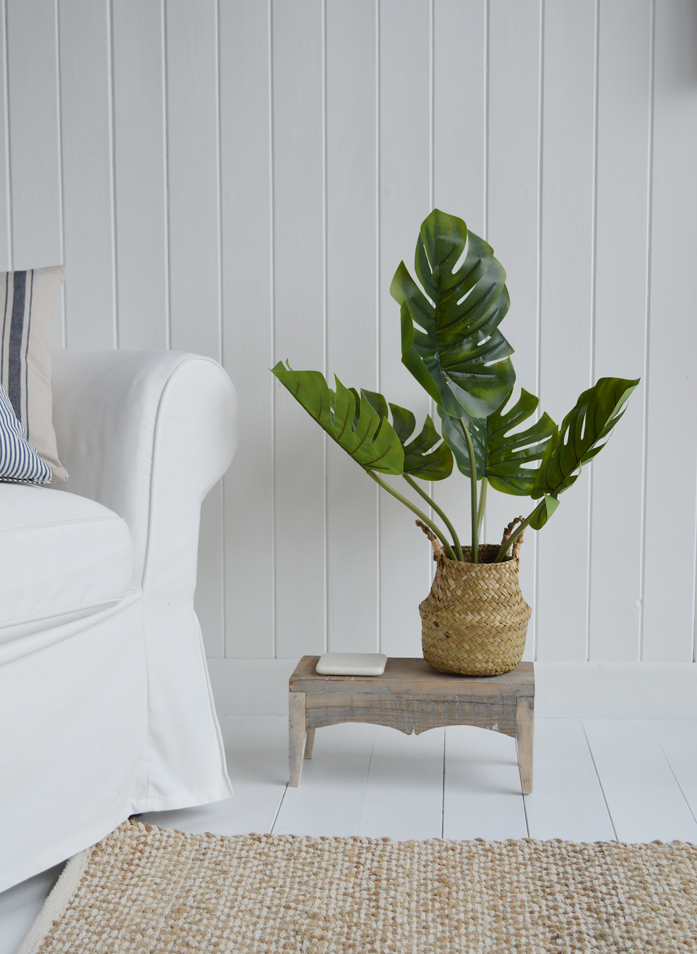 The White Lighthouse. White Furniture and accessories for the home. Artificial Monstera Deliciosa . Cheese Plant