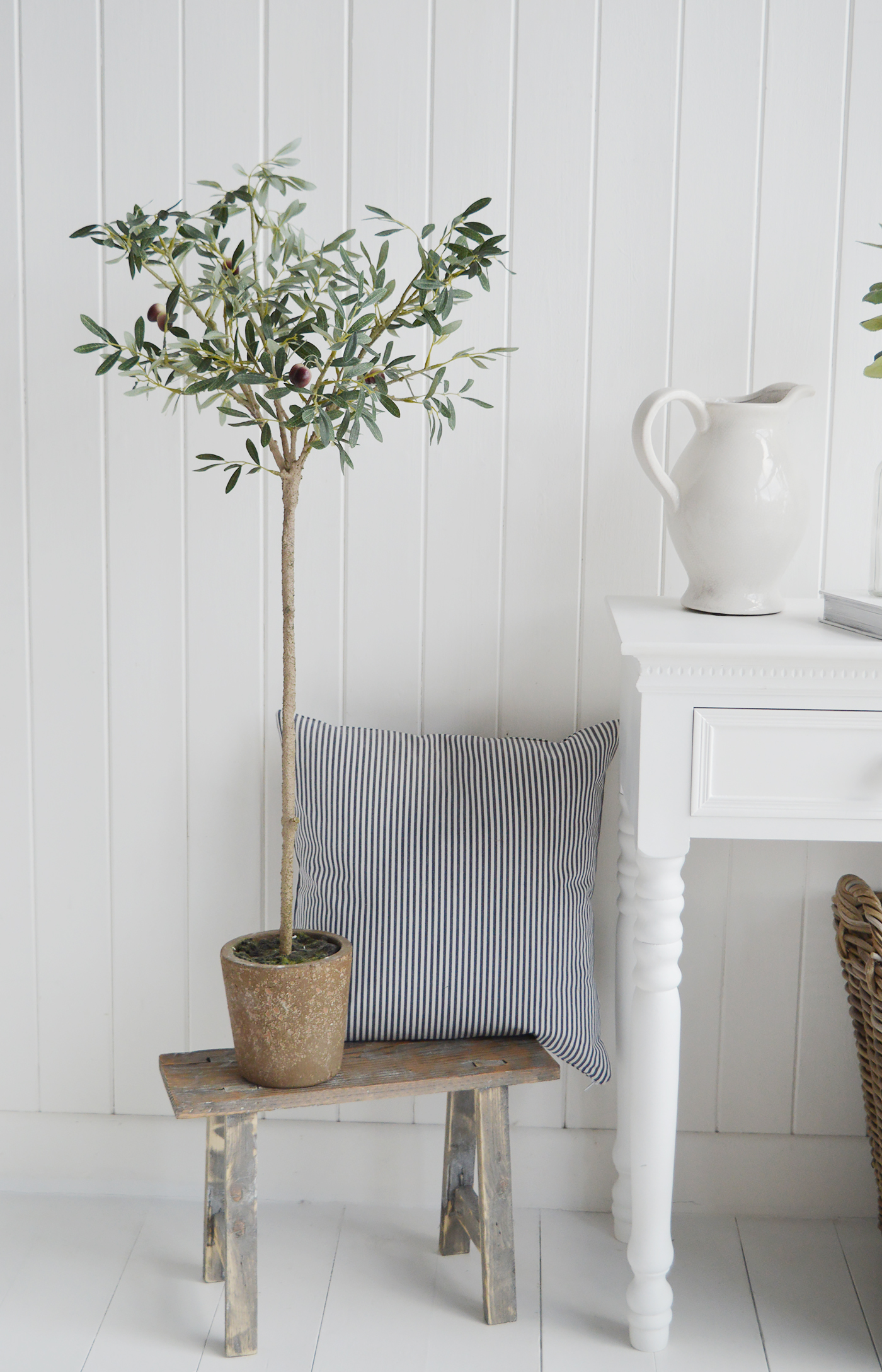 Realistic artificial Olive tree on the Pawtucket rustic plant table for New England style interiors for country, coastal homes, furniture and interiors