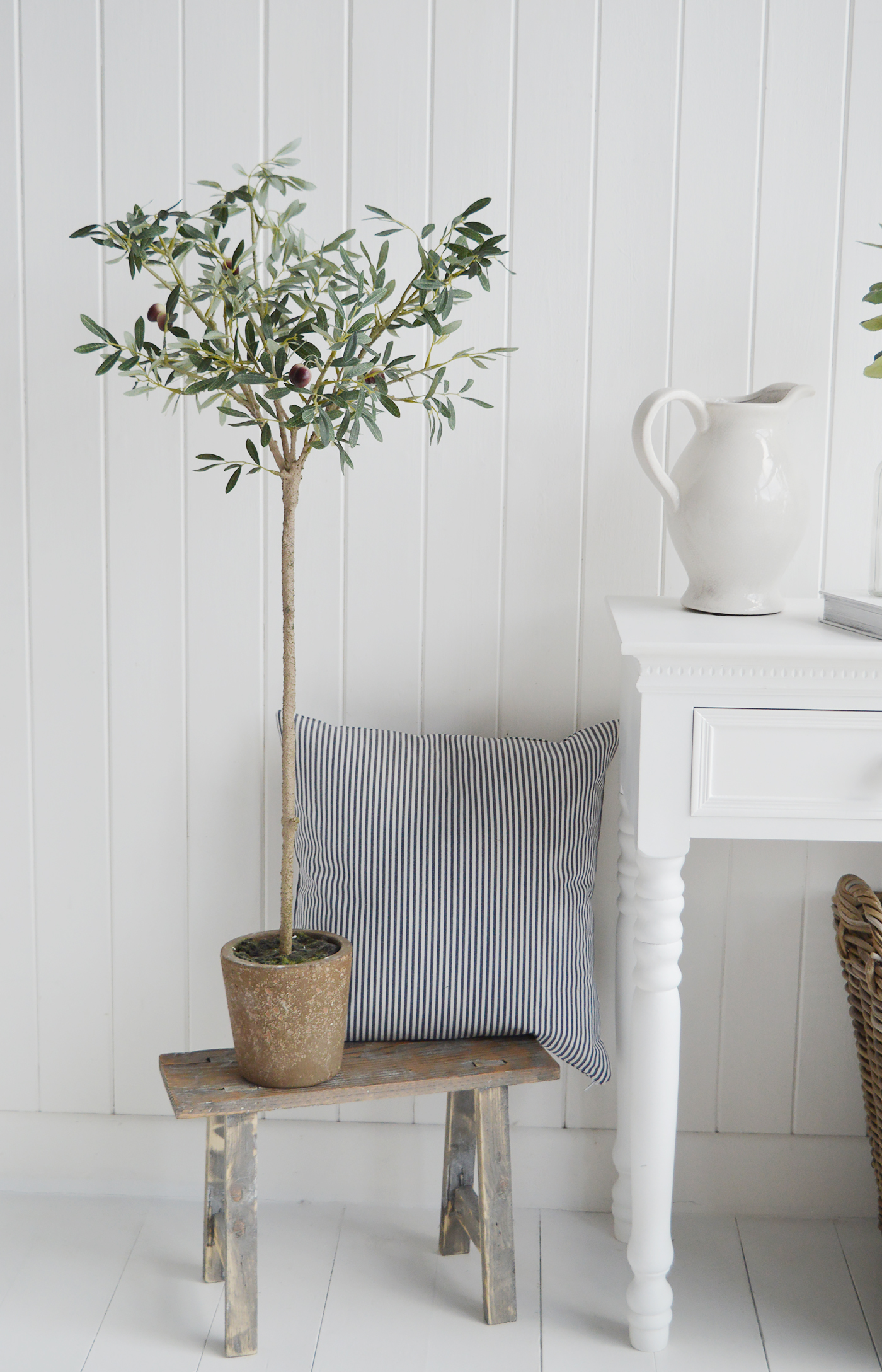 Realistic artificial Olive tree on the Pawtucket rustic plant table for New England style interiors for country, coastal homes, furniture and interiors
